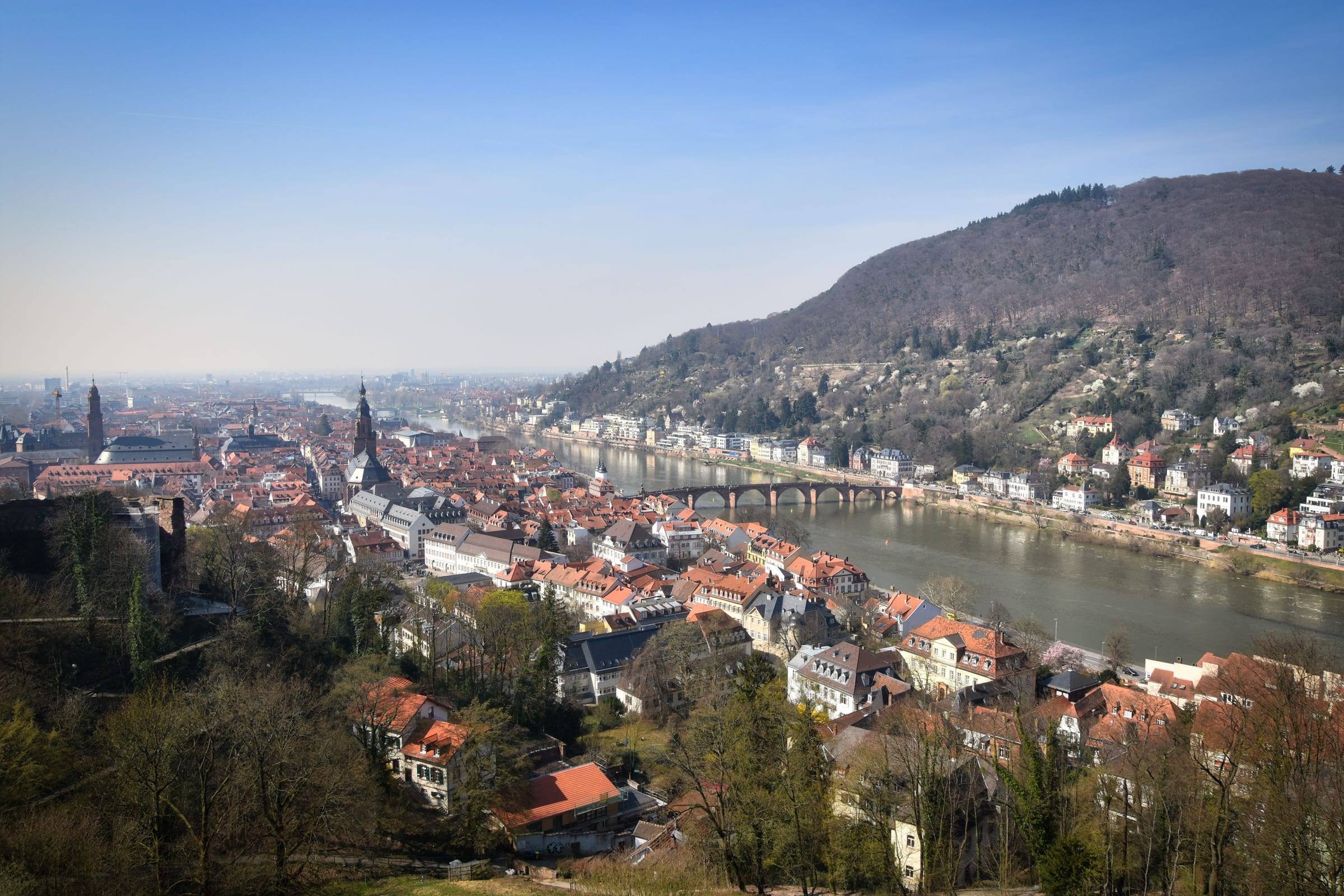 Blick von oben über die Dächer der Altstadt, die Heiliggeistkirche und die Rheinebene