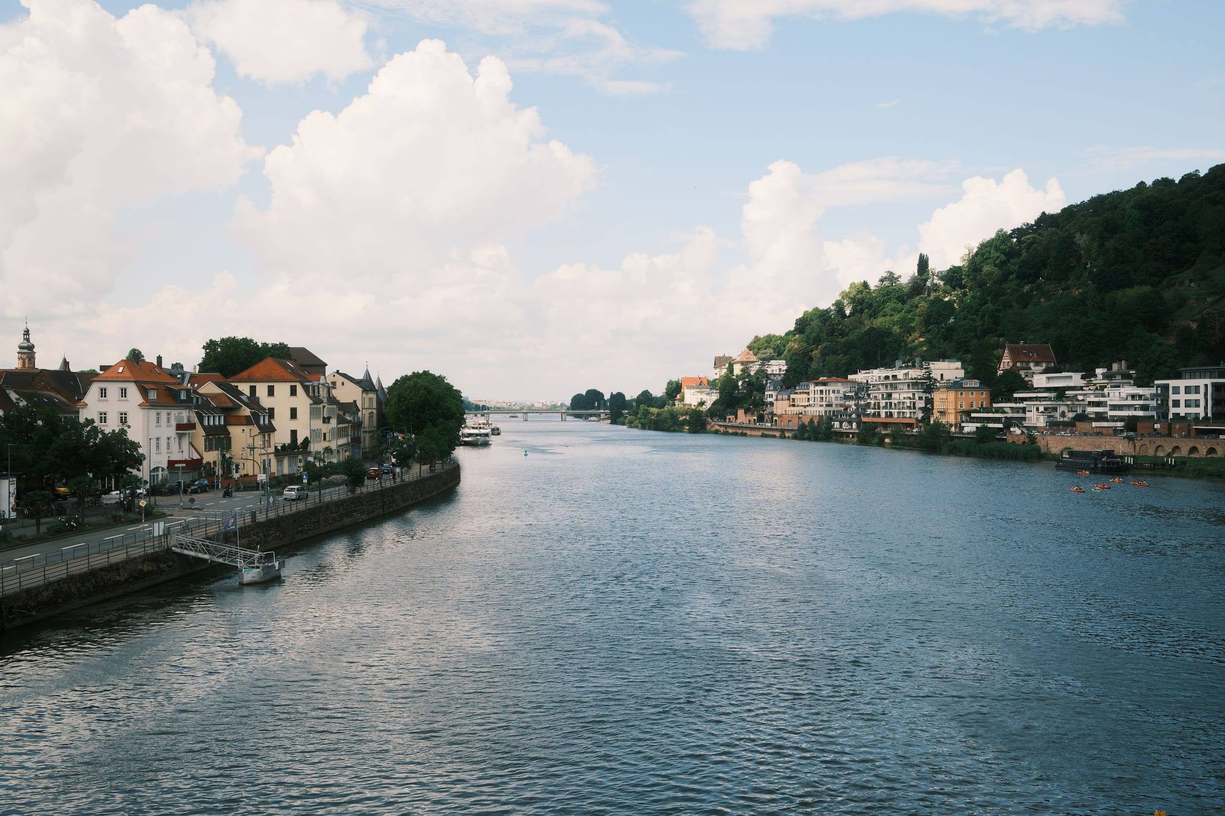 Der Neckar mit Häusern am Ufer unter weißen Wolken