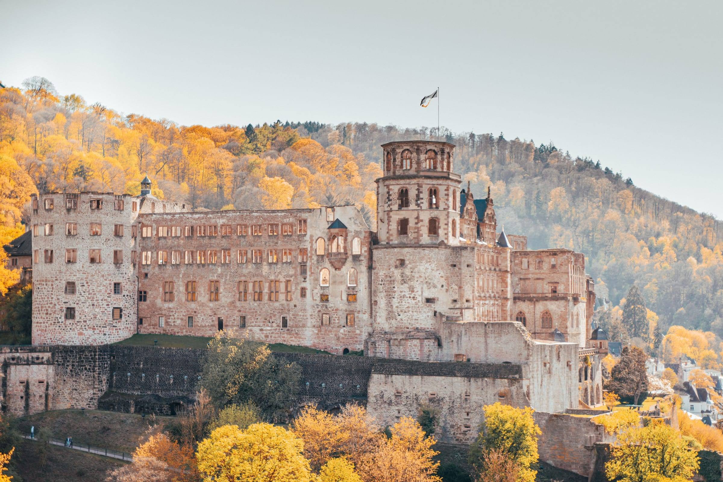 Das Schloss vor gelb gefärbtem Herbstlaub am Hang